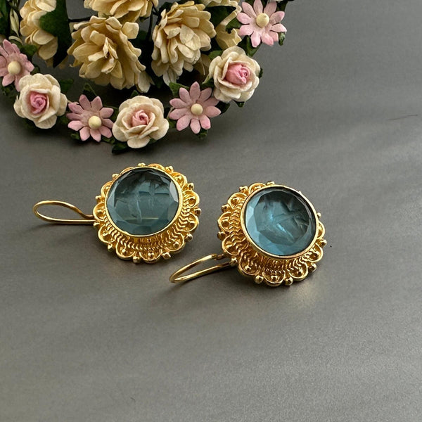 Small Blue Intaglio Earrings, Greek Roman Style, Dainty Gold