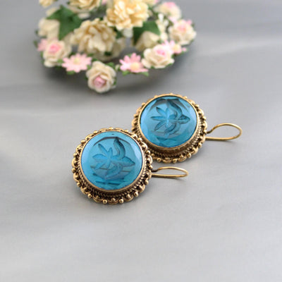 Blue Glass Intaglio Earrings, Victorian Art Deco Style, Brass, photo 2