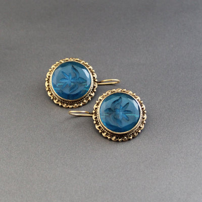 Blue Glass Intaglio Earrings, Victorian Art Deco Style, Brass, photo 10