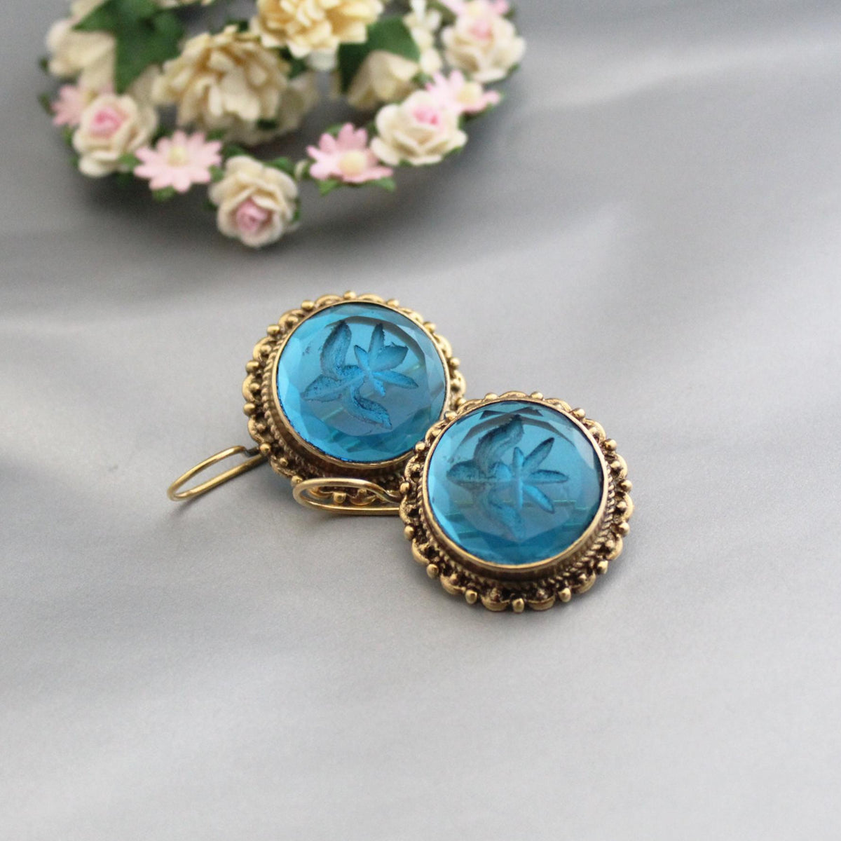 Blue Glass Intaglio Earrings, Victorian Art Deco Style, Brass, photo 5