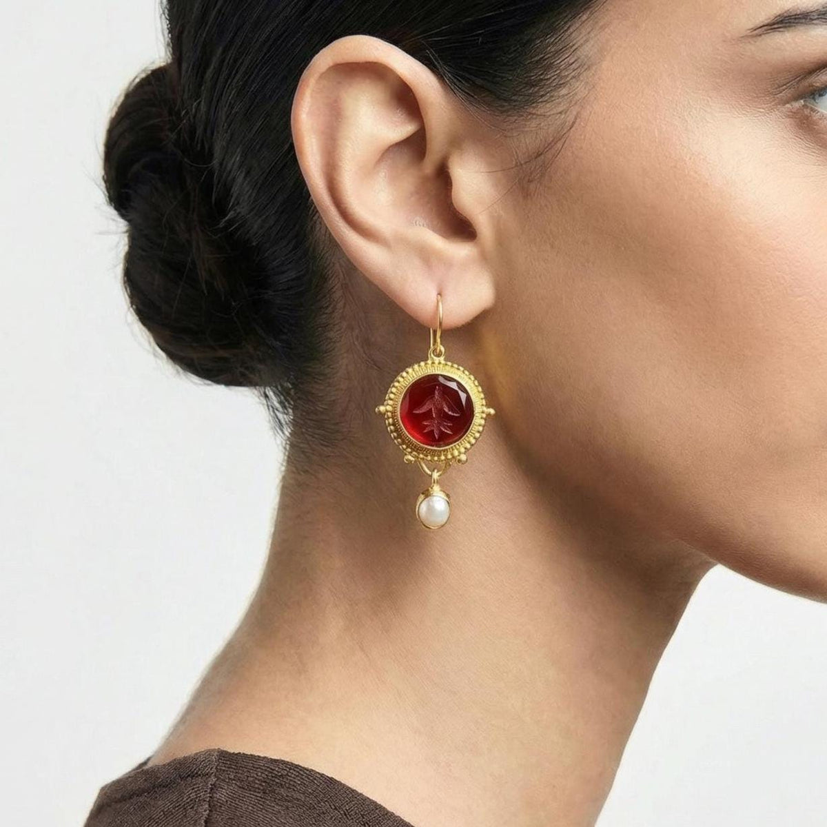 Red Intaglio Earrings, Victorian Art Deco Style, Gold