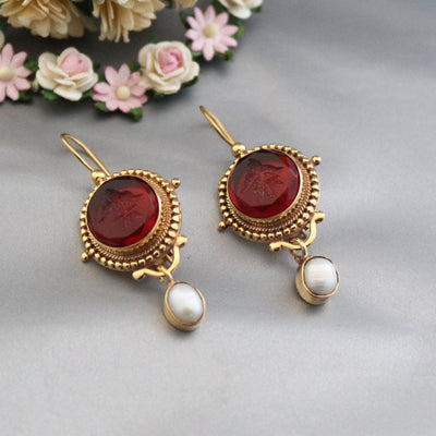 Red Intaglio Earrings, Victorian Art Deco Style, Gold, photo 6