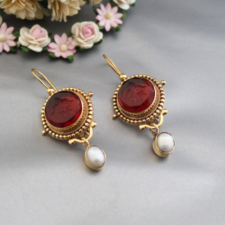 Red Intaglio Earrings, Victorian Art Deco Style, Gold, photo 6