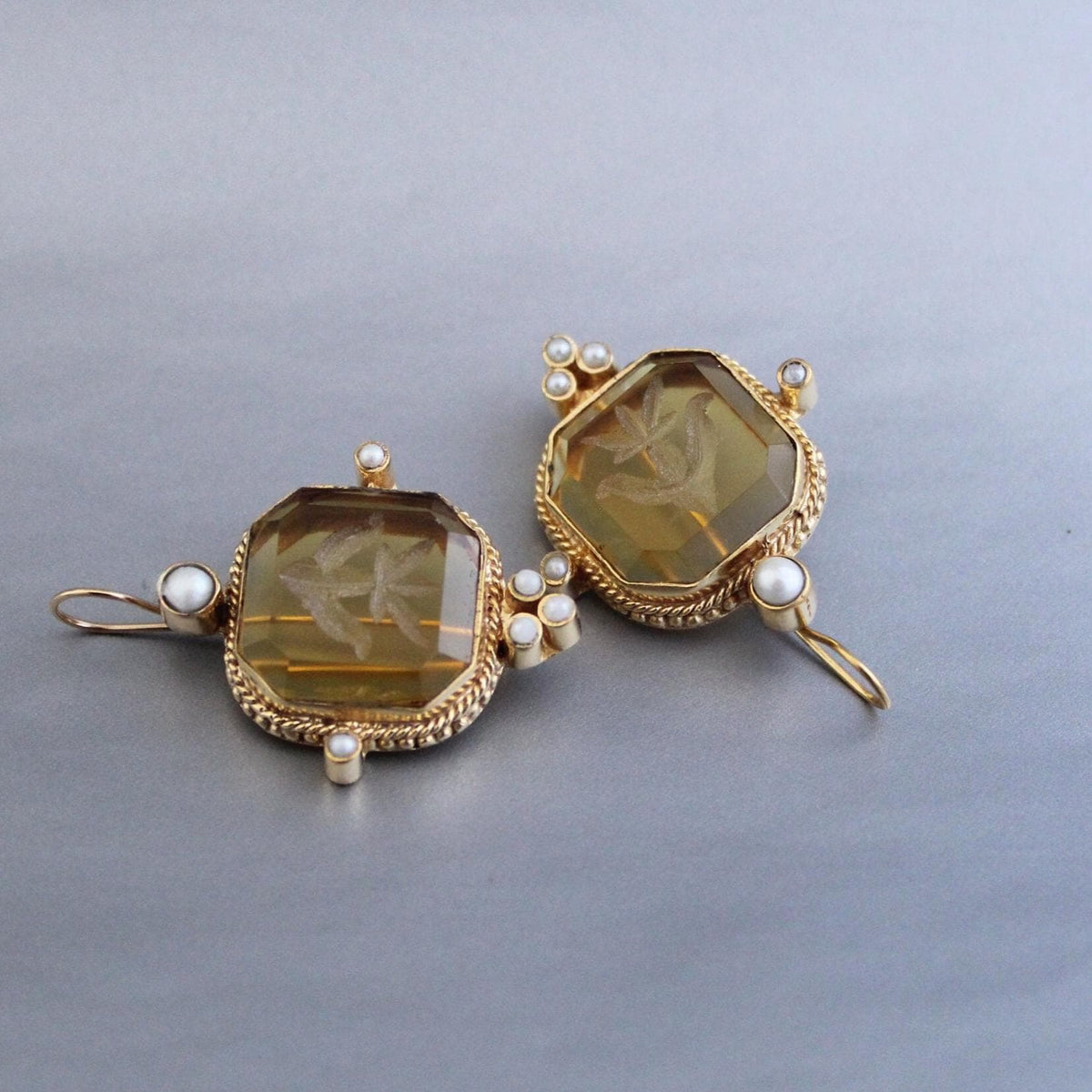 Yellow Glass Intaglio Earrings, Victorian Bridal, Brass with Pearls