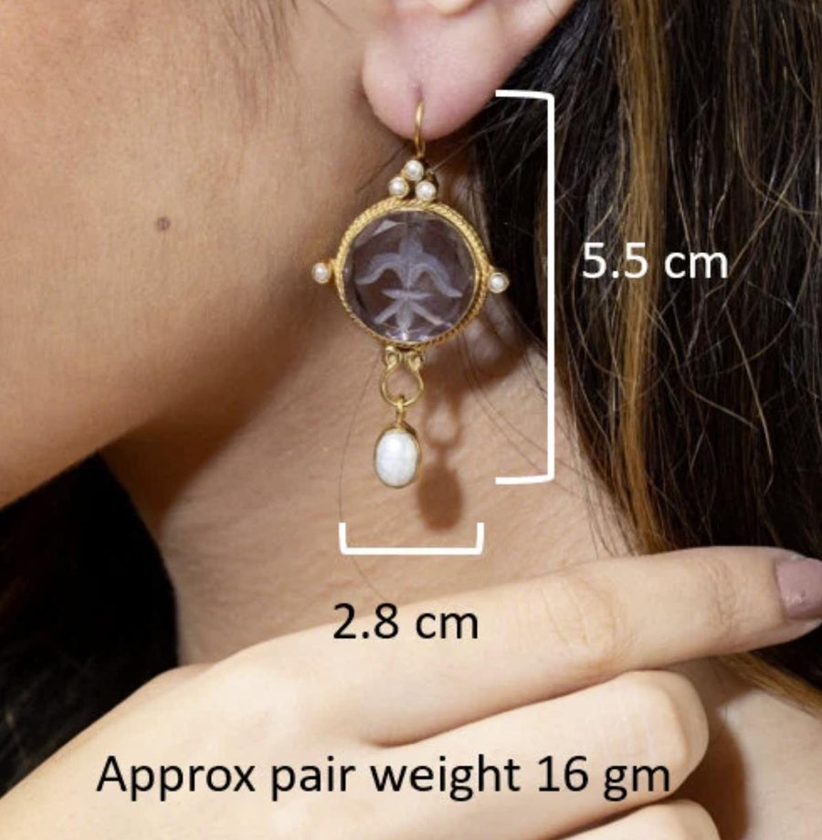 Blue Glass Intaglio Earrings, Victorian Style, 18K Gold Vermeil, photo 3