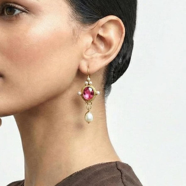 Pink Glass Intaglio Earrings, Roman Revival Style, Antique Gold Plated