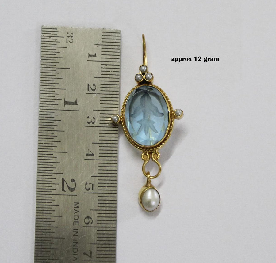 Yellow Glass Intaglio Earrings, Victorian Style, Gold Vermeil with Pearls, photo 3
