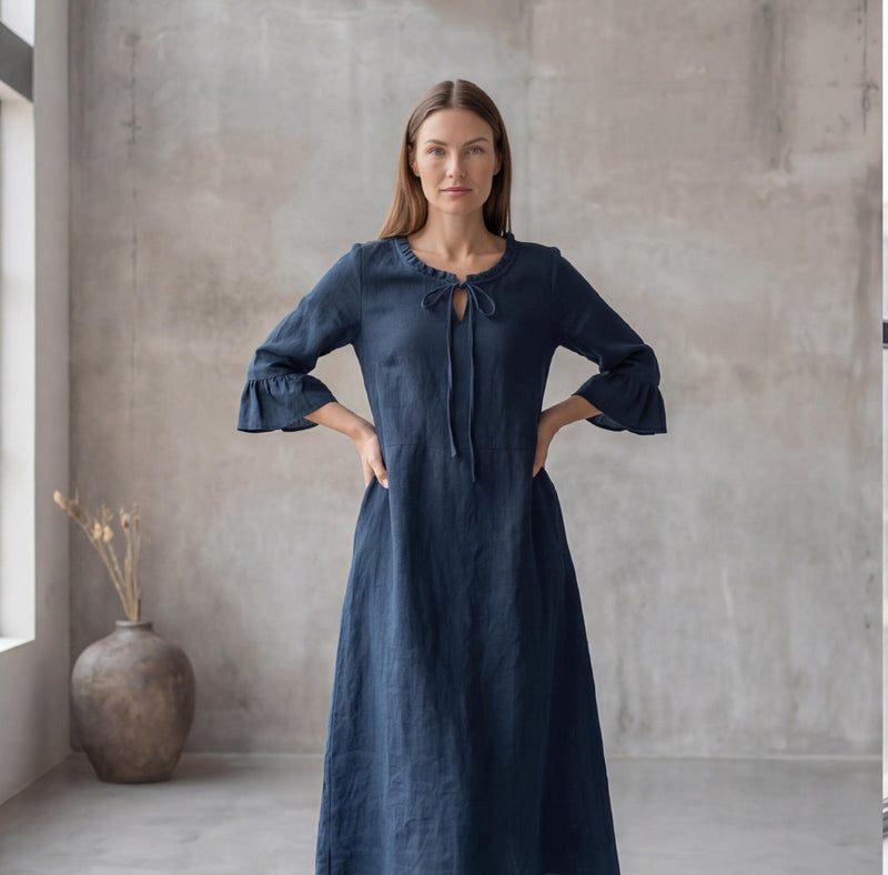 Linen Maxi Dress, Ruffle Neck Tie-Front 3/4 Bell Sleeve A-Line Dress, Navy Blue Romantic Boho Dress, Midnight with Pockets