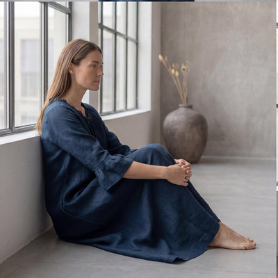Linen Maxi Dress, Ruffle Neck Tie-Front 3/4 Bell Sleeve A-Line Dress, Navy Blue Romantic Boho Dress, Midnight with Pockets