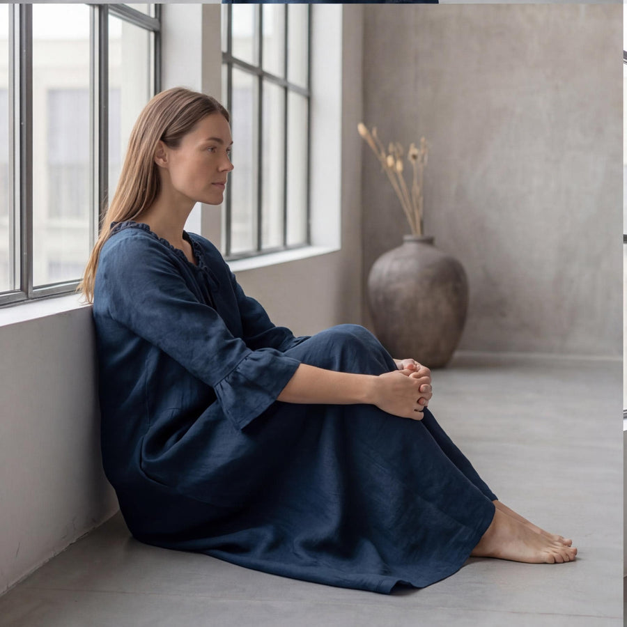 Linen Maxi Dress, Ruffle Neck Tie-Front 3/4 Bell Sleeve A-Line Dress, Navy Blue Romantic Boho Dress, Midnight with Pockets