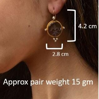 Intaglio Glass Earrings, Vintage Bridal Style, Brass with Pearls, photo 3