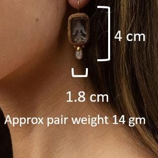 Intaglio Glass Earrings, Vintage Victorian Brass with Pearl, photo 3