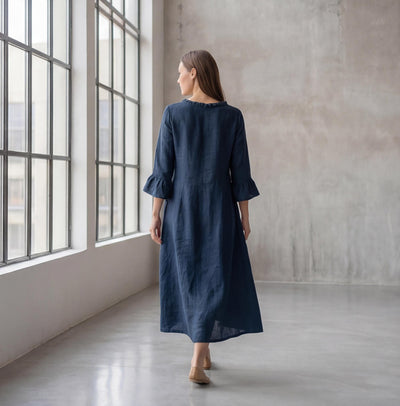 Linen Maxi Dress, Ruffle Neck Tie-Front 3/4 Bell Sleeve A-Line Dress, Navy Blue Romantic Boho Dress, Midnight with Pockets