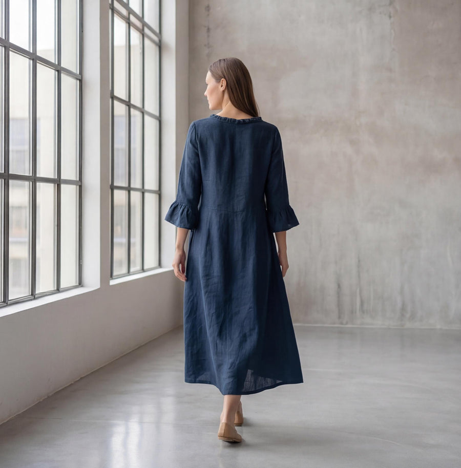 Linen Maxi Dress, Ruffle Neck Tie-Front 3/4 Bell Sleeve A-Line Dress, Navy Blue Romantic Boho Dress, Midnight with Pockets