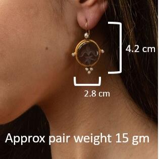 Red Glass Intaglio Earrings, Victorian Drops, Brass with Pearls, photo 3