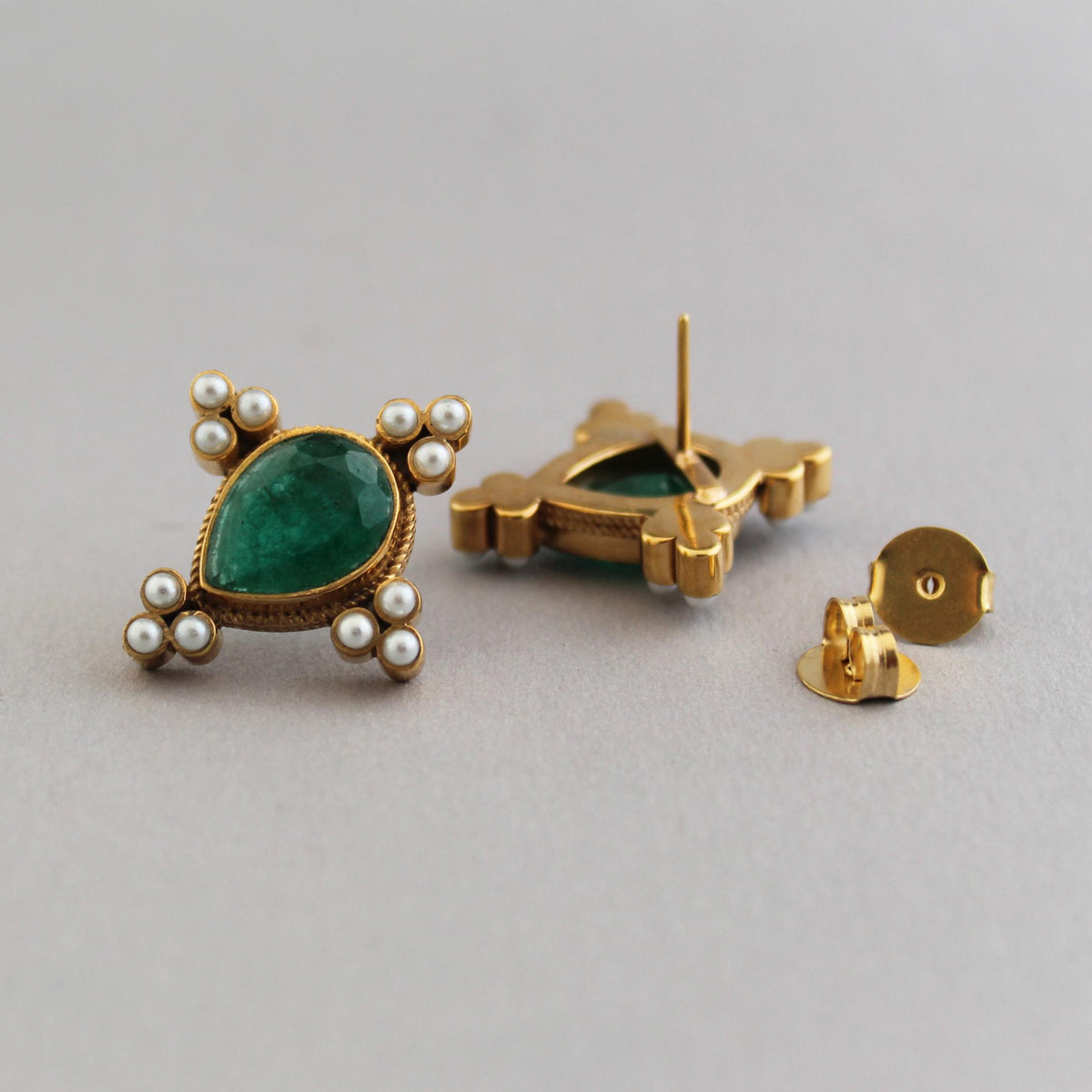 Emerald Intaglio Stud Earrings, Art Deco Edwardian Style, Gold Vermeil, photo 3
