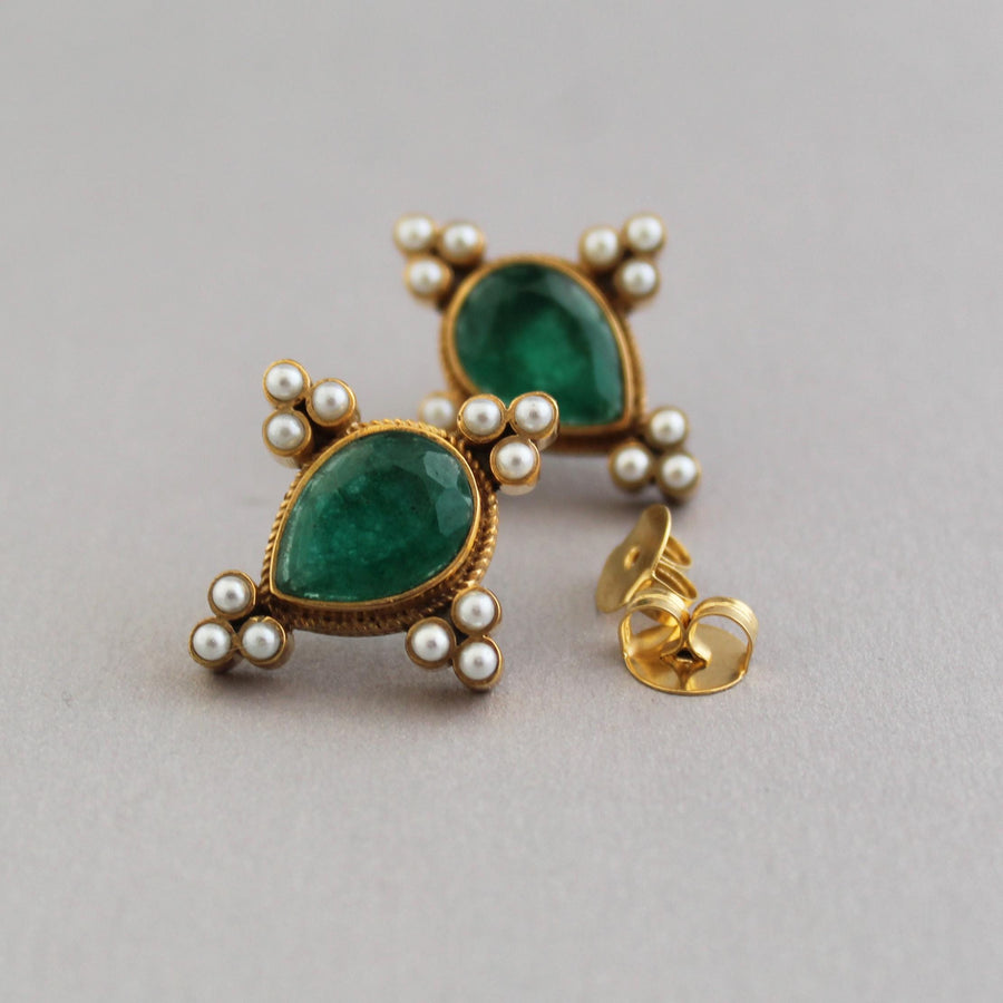 Emerald Intaglio Stud Earrings, Art Deco Edwardian Style, Gold Vermeil, photo 8