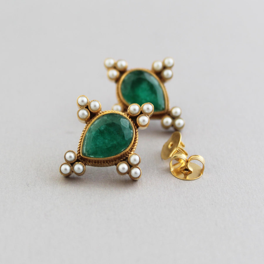 Emerald Intaglio Stud Earrings, Art Deco Edwardian Style, Gold Vermeil, photo 2