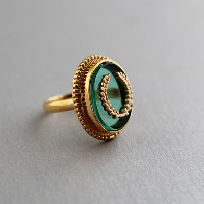 Green Intaglio Cocktail Ring, Victorian Signet Style, Gold Plated, photo 2