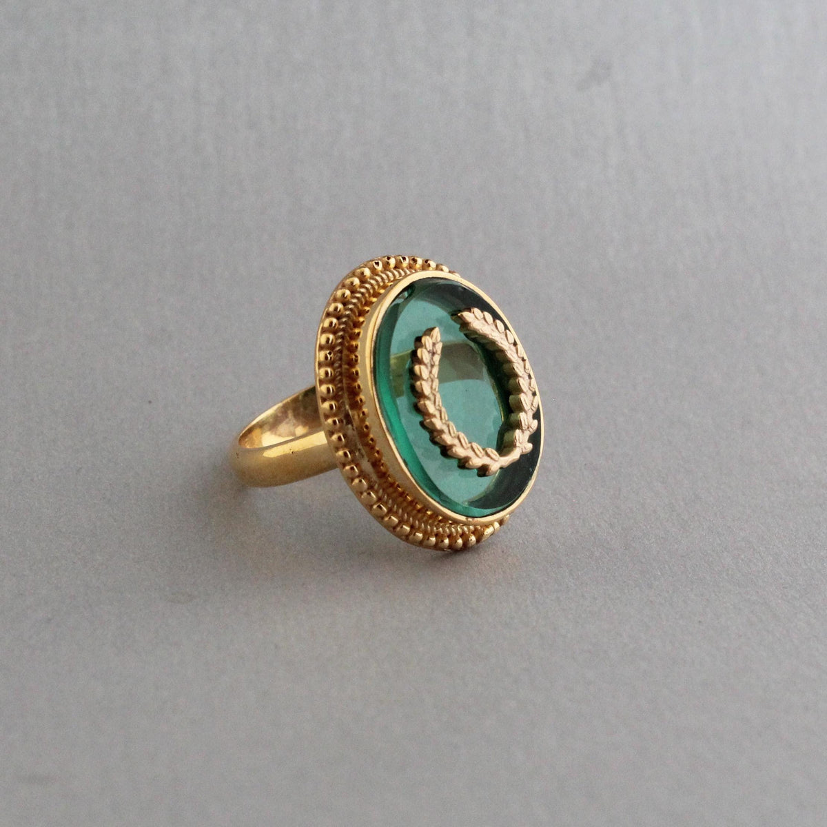 Green Intaglio Cocktail Ring, Victorian Signet Style, Gold Plated, photo 15