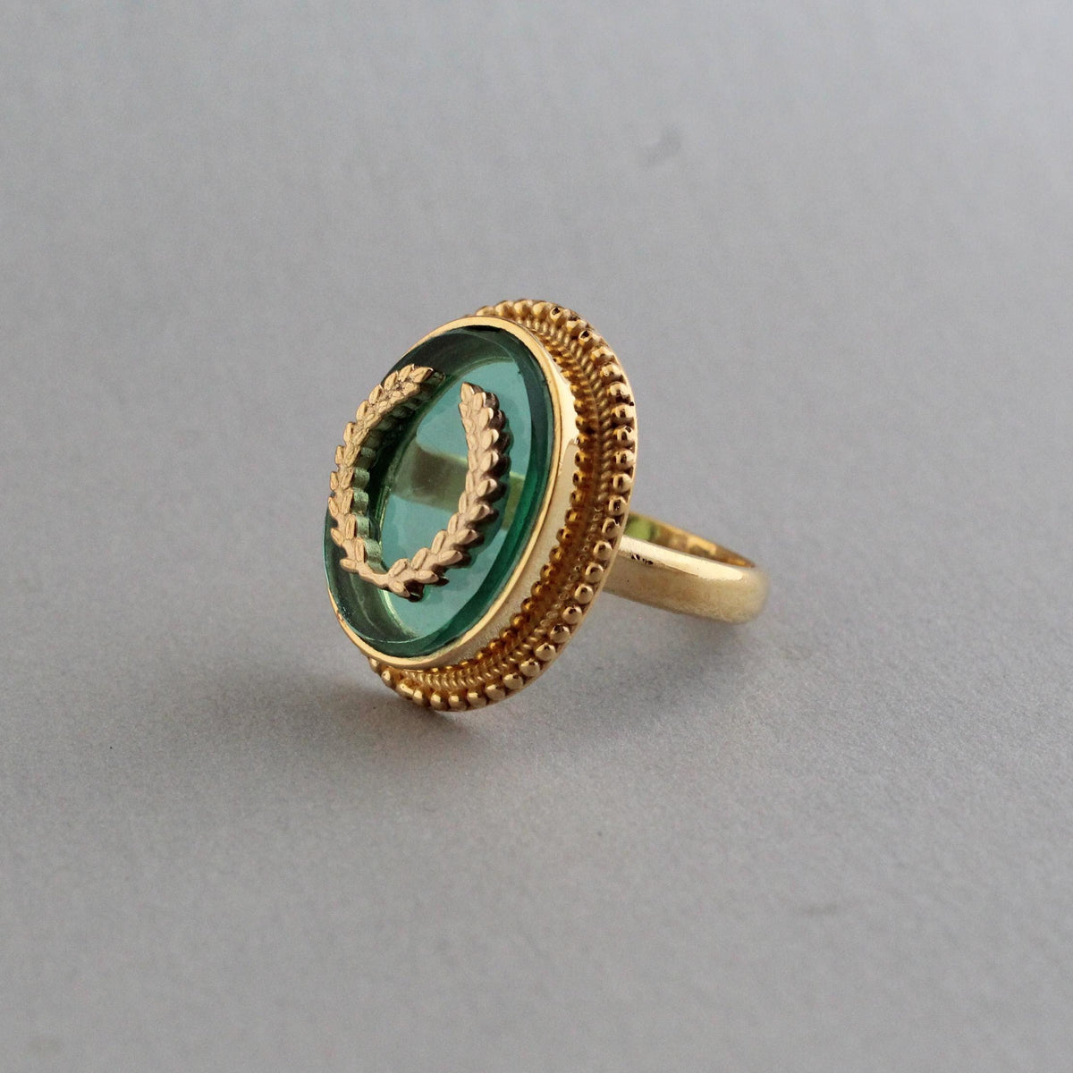 Green Intaglio Cocktail Ring, Victorian Signet Style, Gold Plated, photo 12
