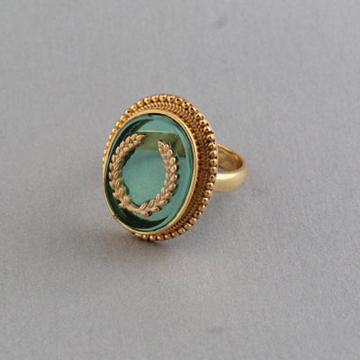 Green Intaglio Cocktail Ring, Victorian Signet Style, Gold Plated, photo 10