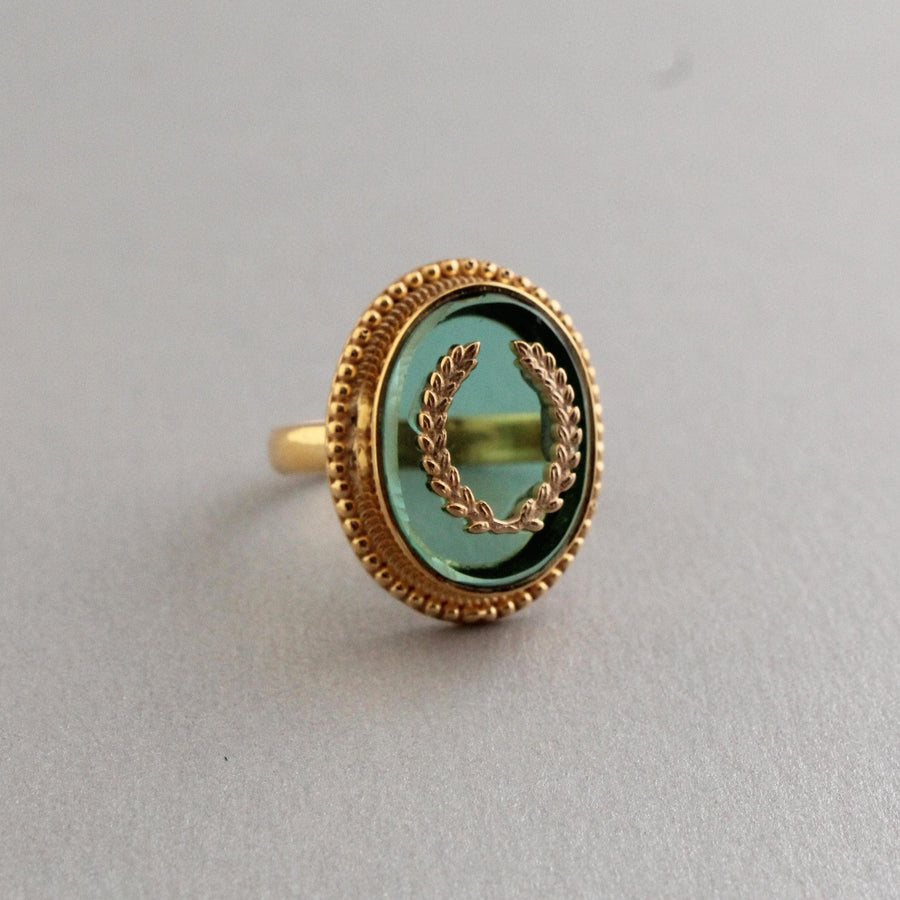 Green Intaglio Cocktail Ring, Victorian Signet Style, Gold Plated, photo 3