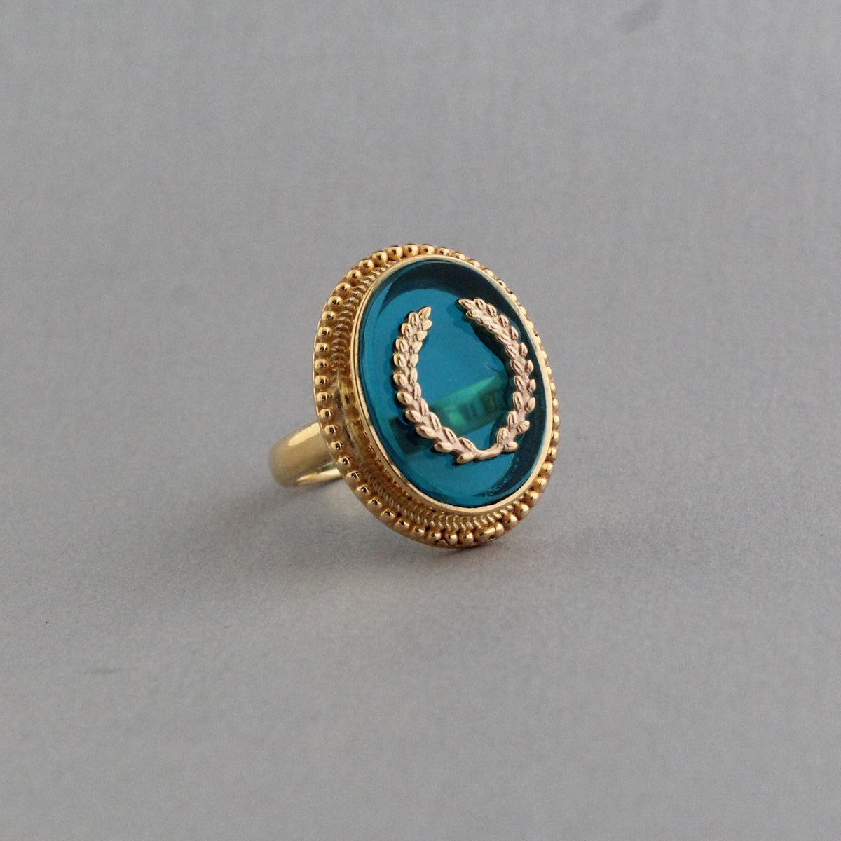 Blue Glass Intaglio Cocktail Ring, Carved Glass Signet, Gold Plated, photo 2