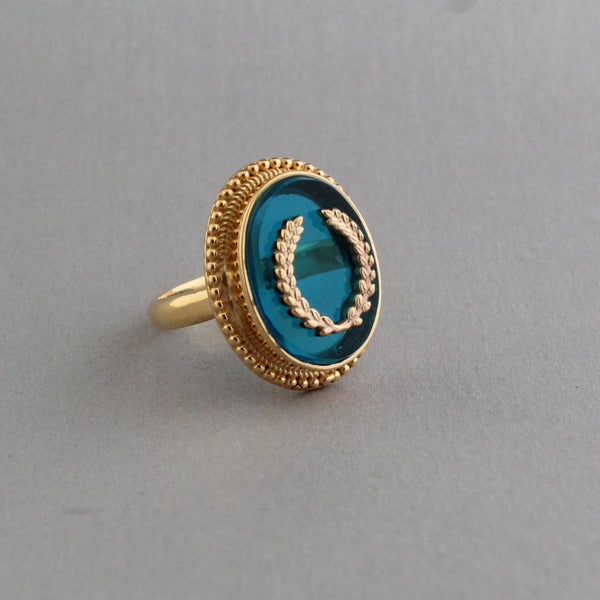 Blue Glass Intaglio Cocktail Ring, Carved Glass Signet, Gold Plated