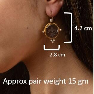 Blue Round Intaglio Earrings, Victorian Bridal Style, Gold Plated, photo 3