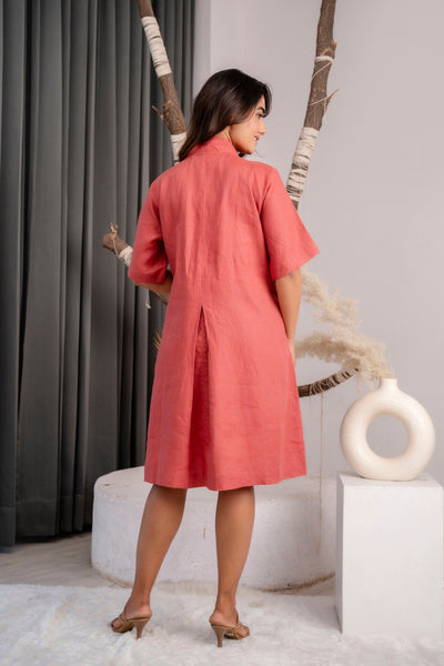 Knee-Length Linen Tunic Dress, Loose Fit: woman in coral tunic dress, back view