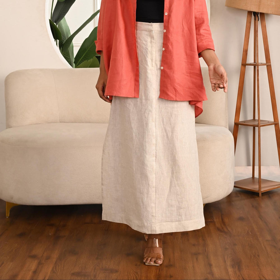 Linen A-Line Maxi Skirt, High Waist: woman in Natural high waist linen maxi skirt with coral shirt, front view