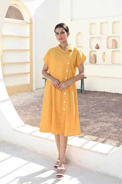 Linen Button Down Shirt Dress: woman in honey linen button down shirt dress with collar, front view, courtyard