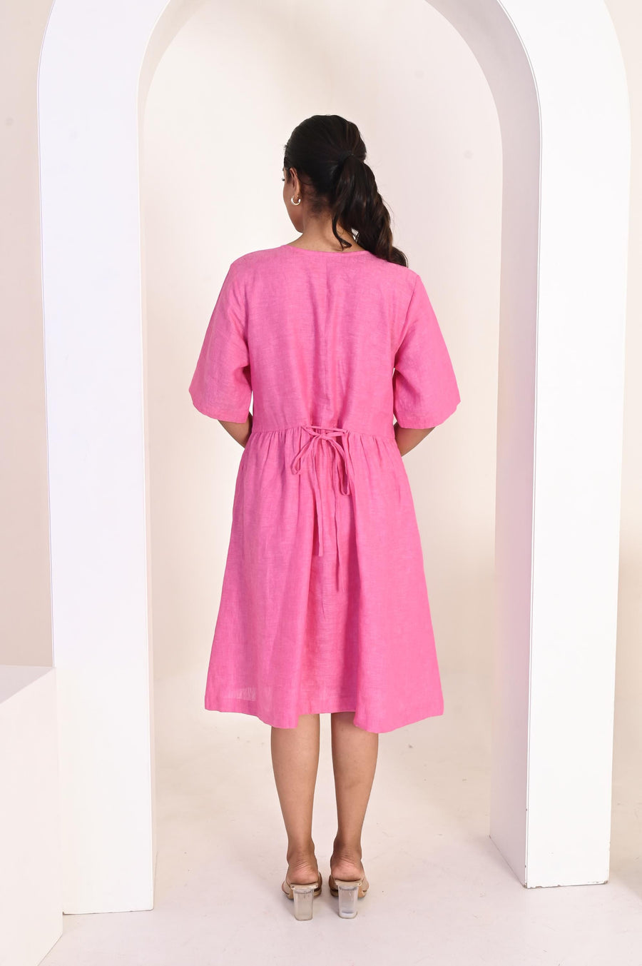 Linen Button-Front Dress, Short Sleeve: Bubblegum Pink dress, back view with tie