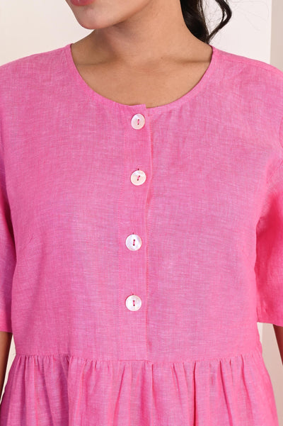 Linen Button-Front Dress, Short Sleeve: close-up of Bubblegum Pink dress buttons and neckline