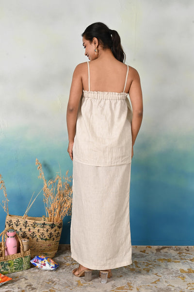 Linen Co-ord Set, Strappy Top & Maxi Skirt: back view of Natural linen strappy top and maxi skirt
