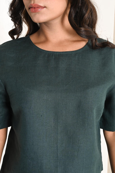 Linen Co-Ord Set, Top and Skirt: close-up of round neckline on Deep Green linen top