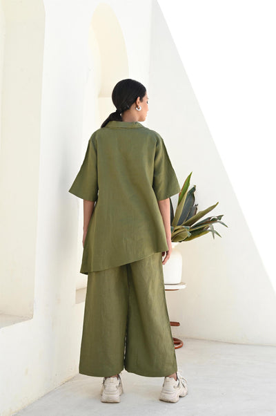 Linen Co-ord Set, Tunic Top & Palazzo Pants: back view of Moss Green tunic top and palazzo pants