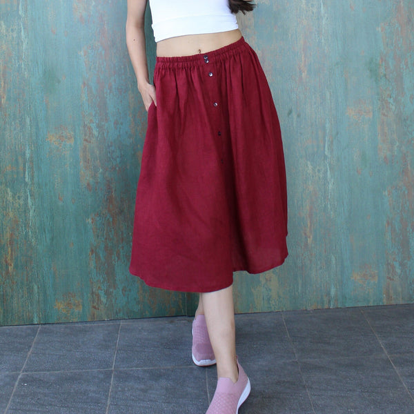 Linen Cotton Blend Midi Skirt, Flared A-Line: Garnet flared midi skirt with button front, worn with a white crop top