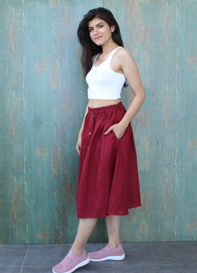 Linen Cotton Blend Midi Skirt, Flared A-Line: woman in Garnet flared midi skirt and white crop top, hand in pocket