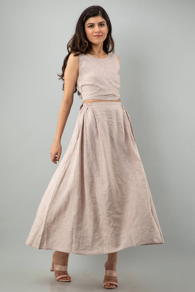 Linen Crop Top and Maxi Skirt Set: woman in Latte linen crop top and maxi skirt, front full length