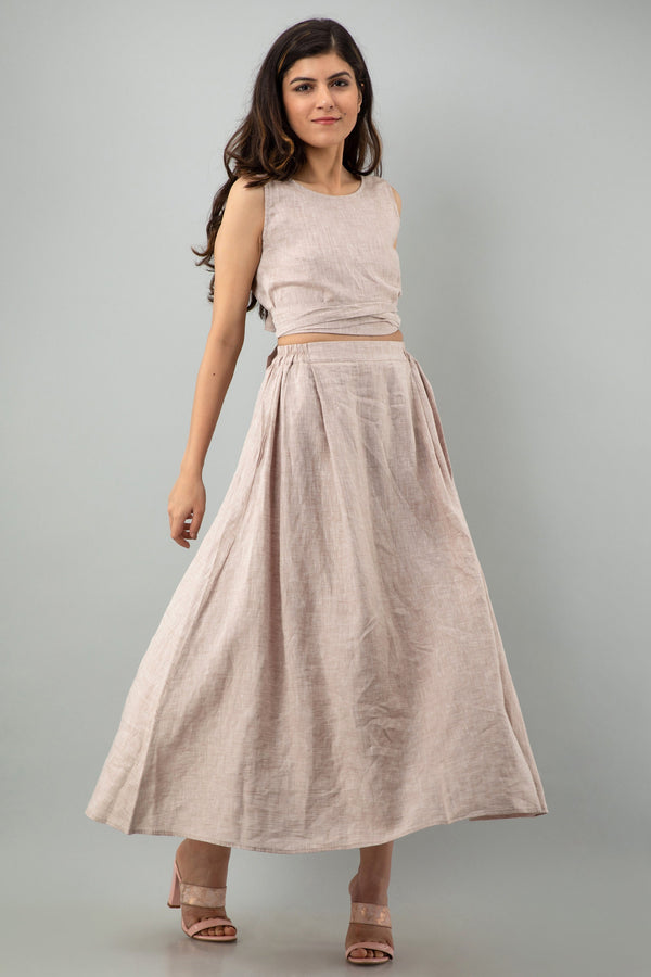 Linen Crop Top and Maxi Skirt Set: woman in Latte linen crop top and maxi skirt, front full length