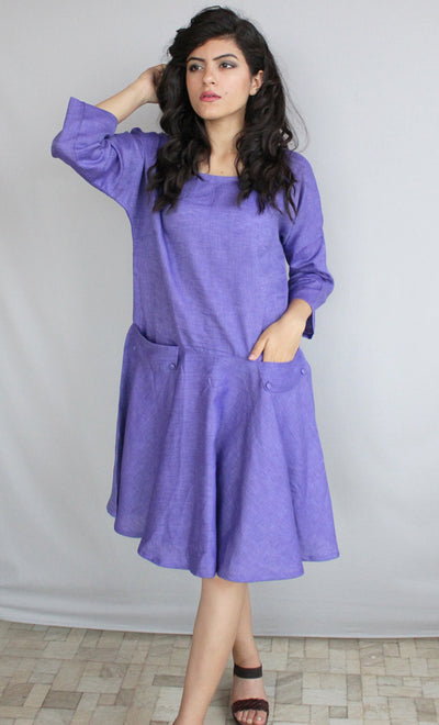 Linen Knee Length Party Dress, Circle Skirt: woman in purple dress, hand at hip, front view