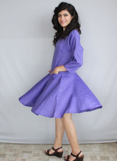 Linen Knee Length Party Dress, Circle Skirt: woman in purple party dress twirling, skirt flared