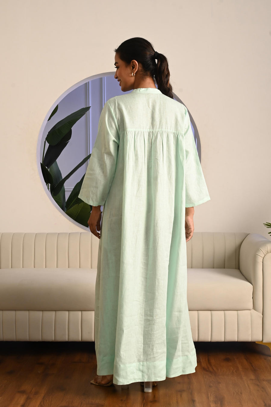 Linen Maxi Dress, Waist Tie: Mint Mist maxi dress, back view with gathers