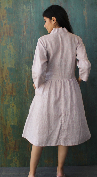 Linen Midi Dress, Long Sleeve: back view of Dusty Rose linen midi dress with gathered waist