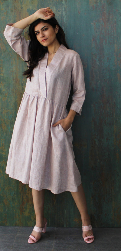 Linen Midi Dress, Long Sleeve: Dusty Rose linen dress, arm raised to head