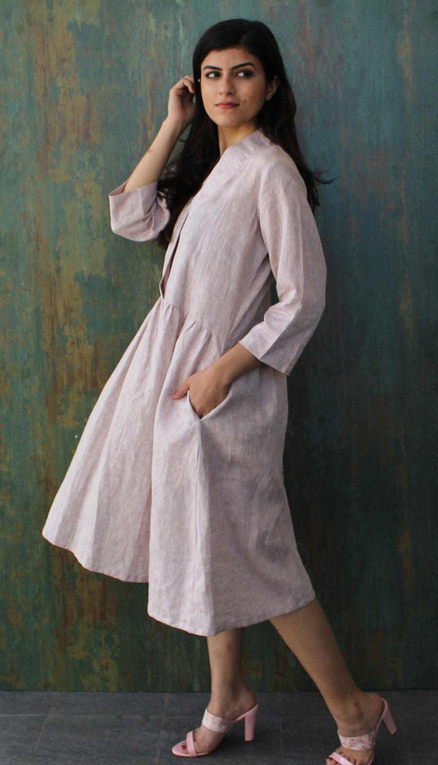 Linen Midi Dress, Long Sleeve: side view of Dusty Rose midi dress, hand in pocket