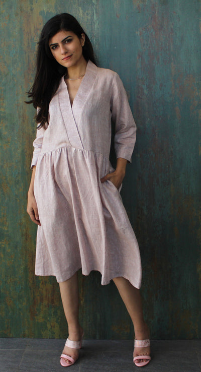 Linen Midi Dress, Long Sleeve: woman in Dusty Rose linen midi dress with long sleeves, front view
