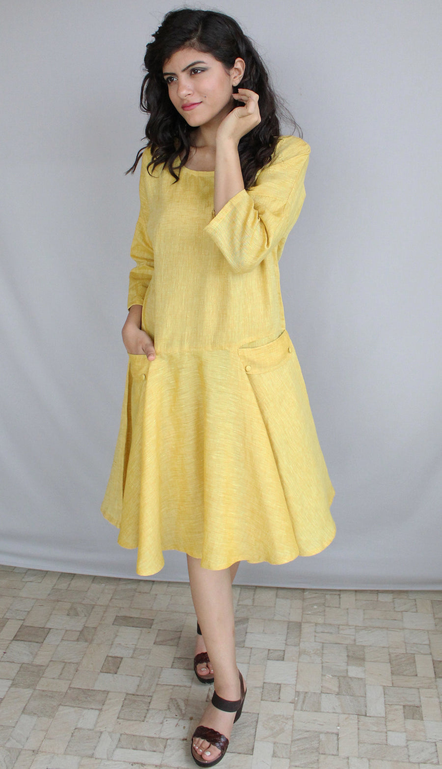 Linen Midi Shift Dress, Pockets: woman in yellow linen dress with drop waist skirt, hand at ear